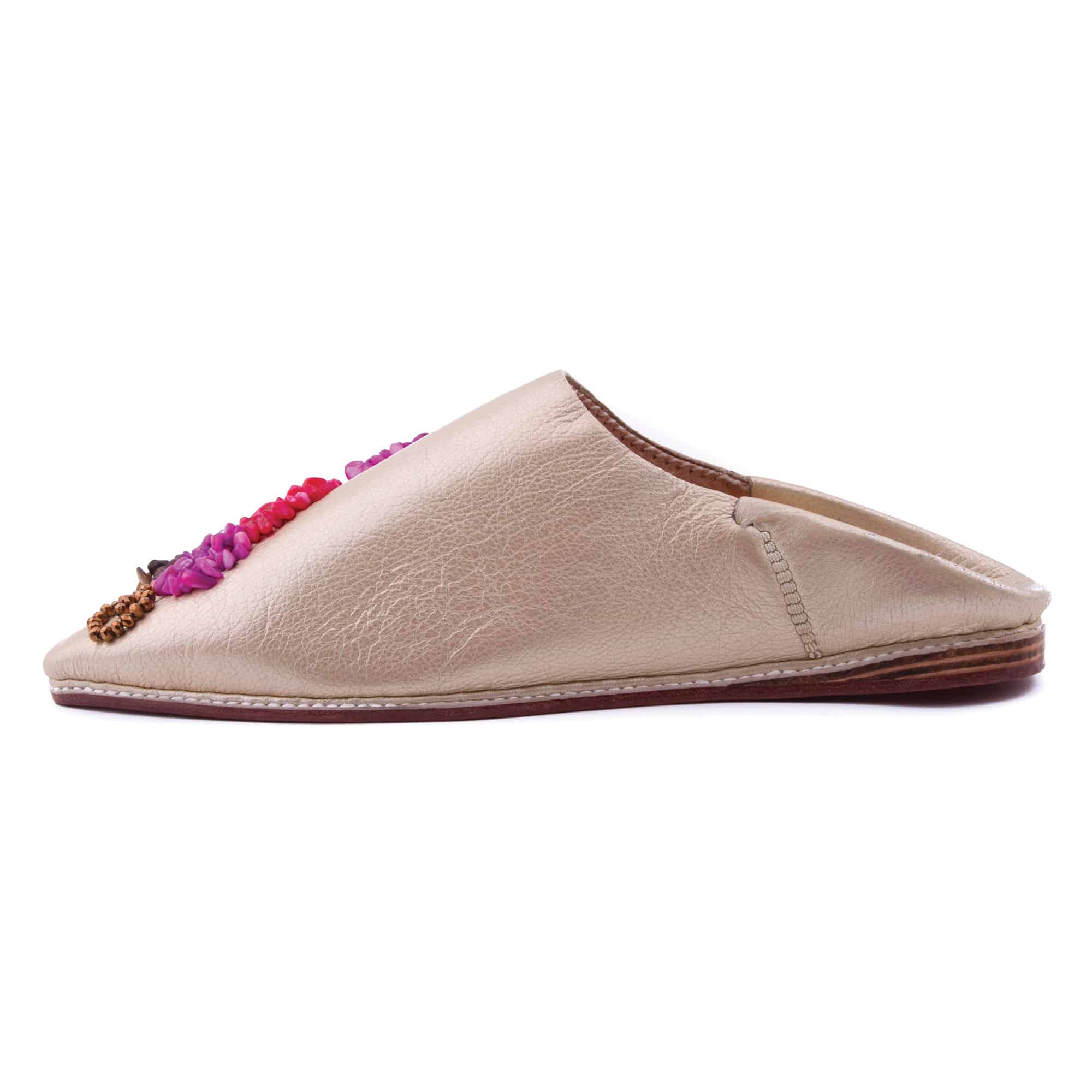 Babouche motifs multicouleurs En Cuir Beige Perlé modèle 2021