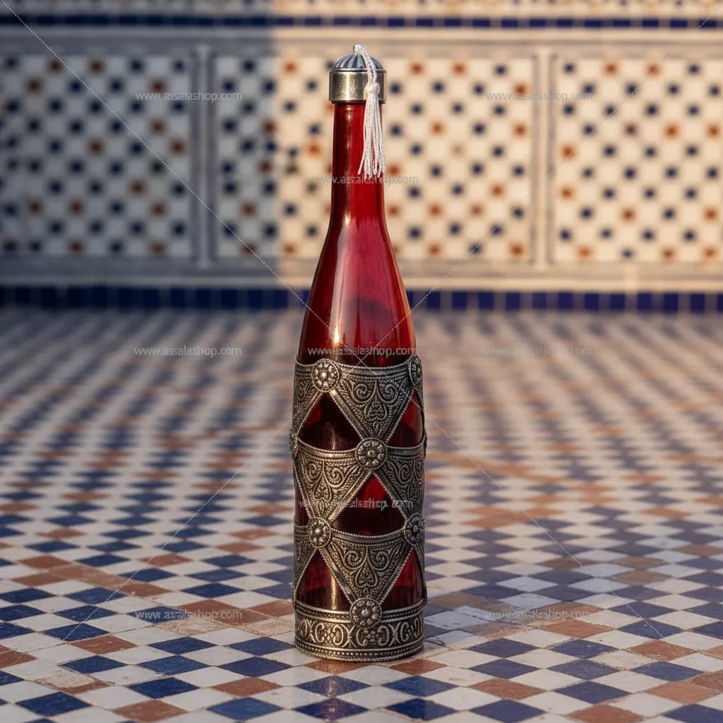 Bouteille rouge en verre orné en métal ou cuivre 100% marocaine. - Marocain traditionnel - Assalashop