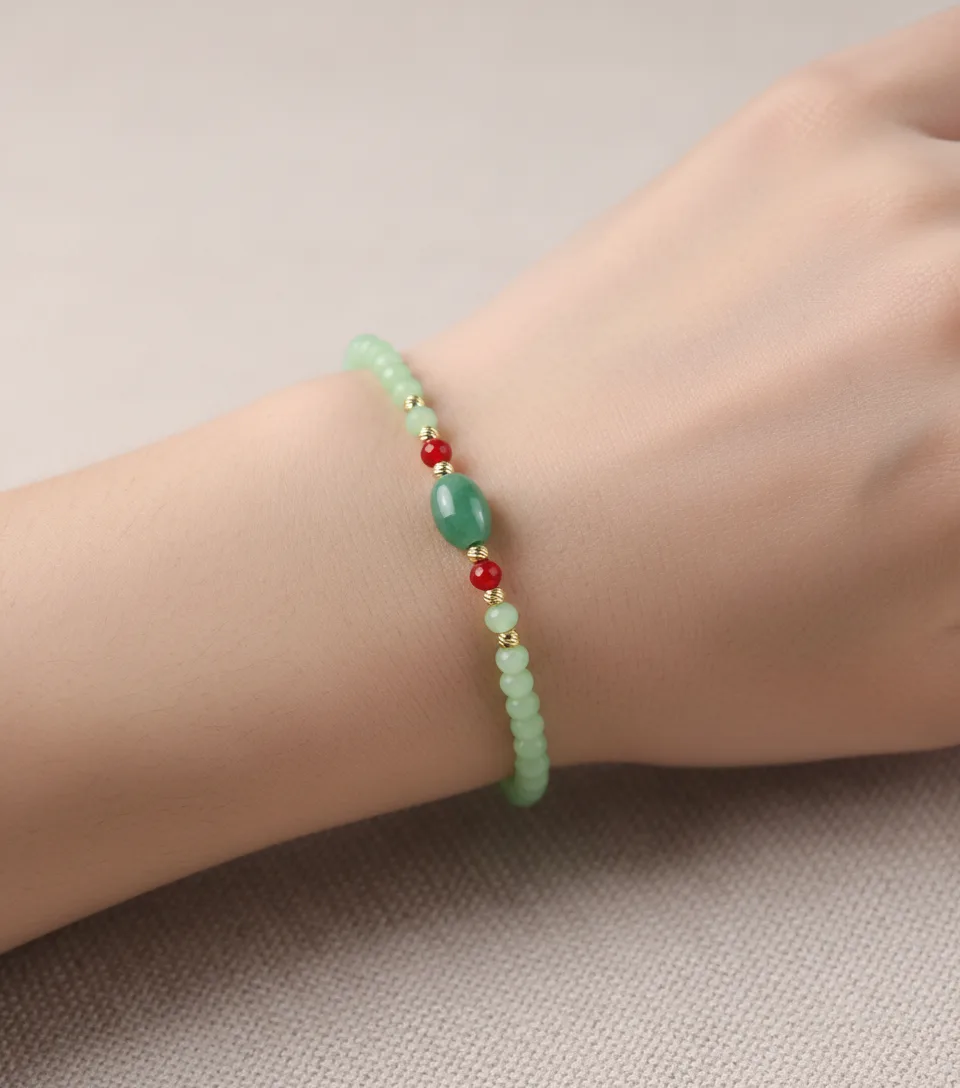 Bracelet perles vert rouge doré - Porté au poignet - Assalashop